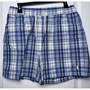 Polo Ralph Lauren Swim Trunks‎ Medium Blue Plaid Lined 5" Shorts Cotton Blend